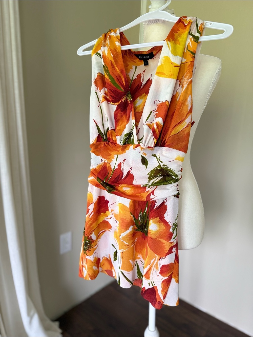 Karen Kane Floral Orange Sleeveless Blouse Tank Top Draped Waist Fairycore Work - Picture 2 of 6